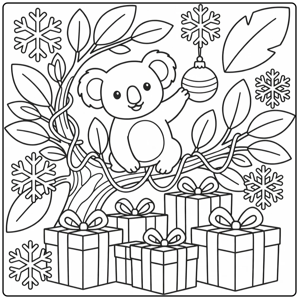 Koala reaching for ornament on tree: Christmas animal coloring page