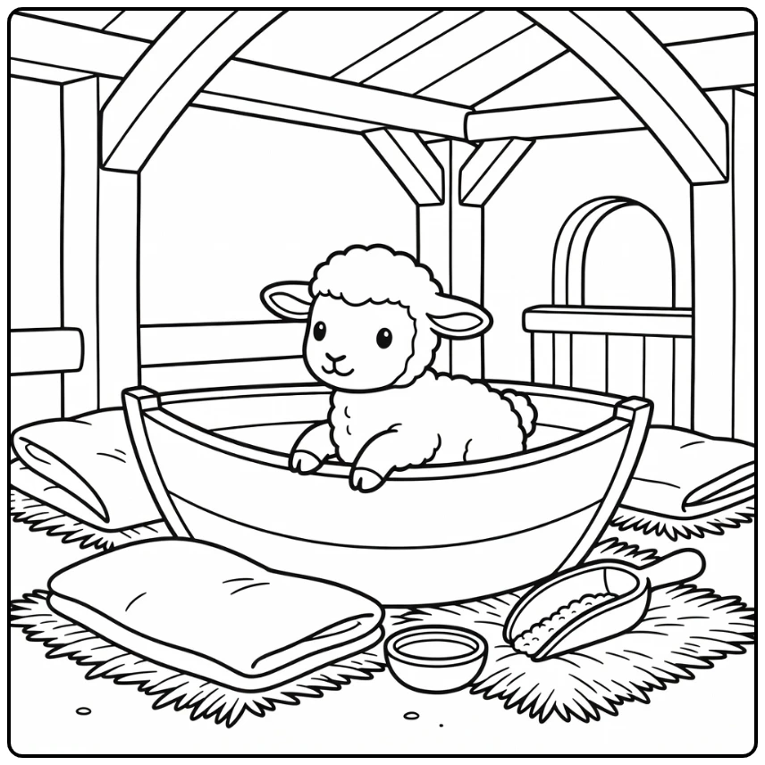 Cute lamb coloring page with wooden boat feeder in barn