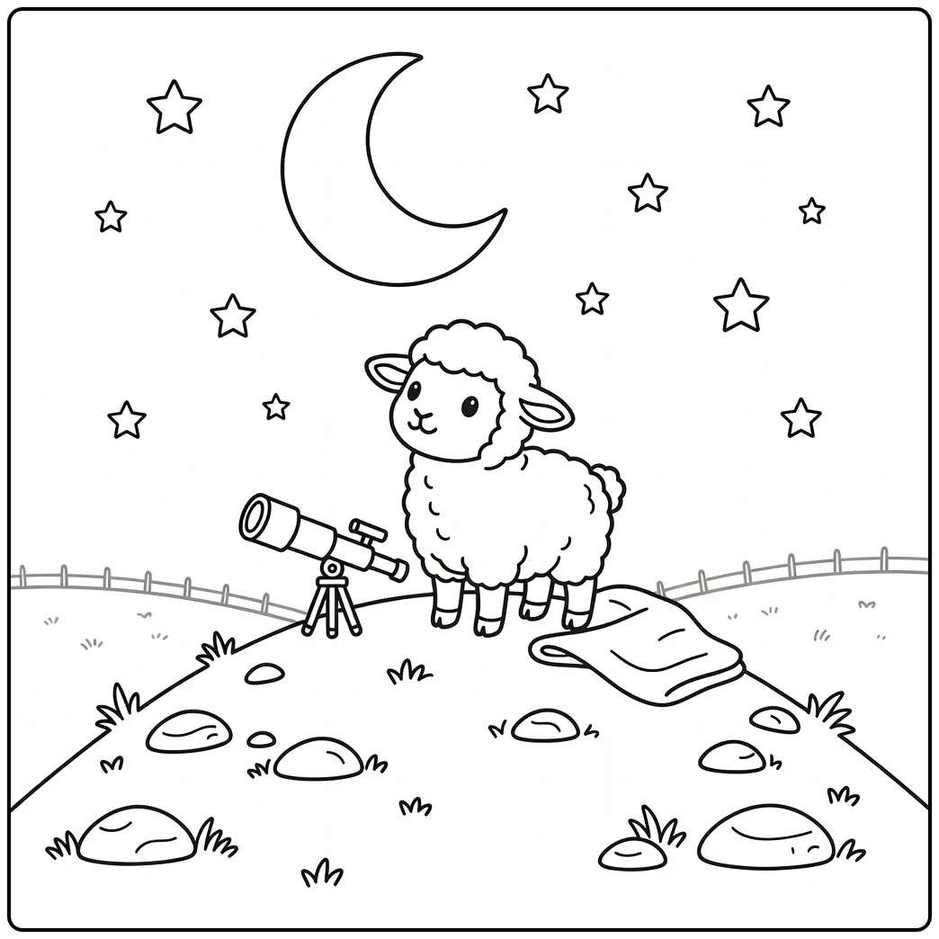 Cute lamb coloring page of lamb near telescope under moon