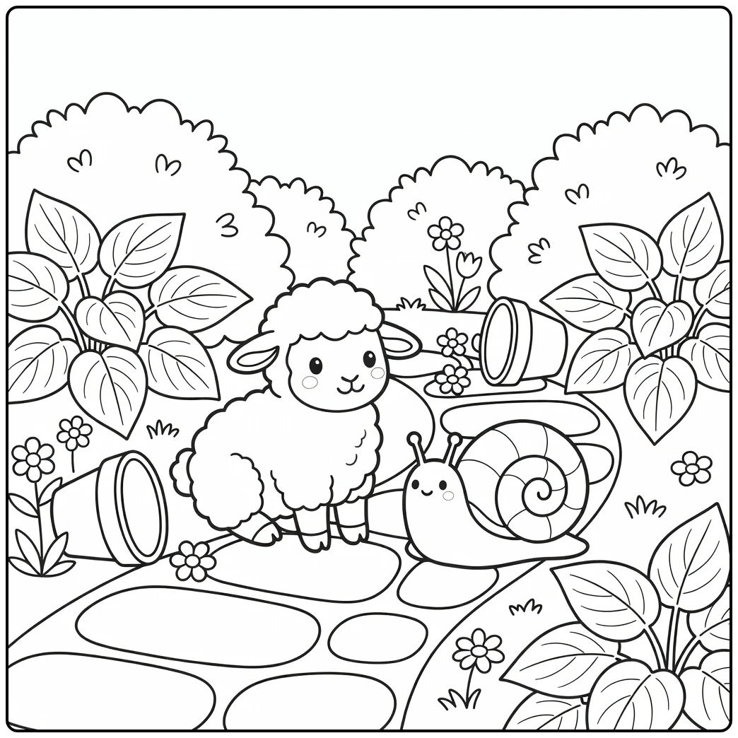 Adorable lamb coloring page with snail on garden stone path