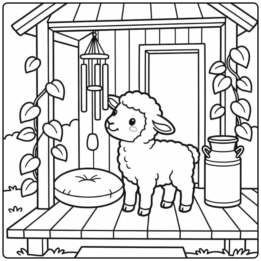 Cute lamb coloring page on cozy farmhouse porch