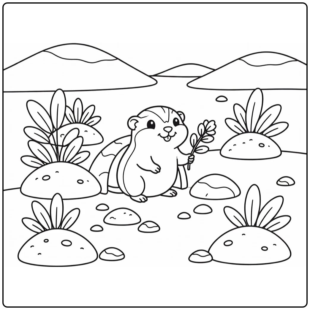 Arctic animal coloring page: cute lemming from tunnel
