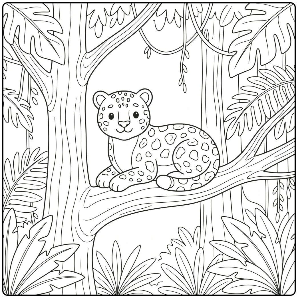Leopard on jungle branch wild animals coloring page