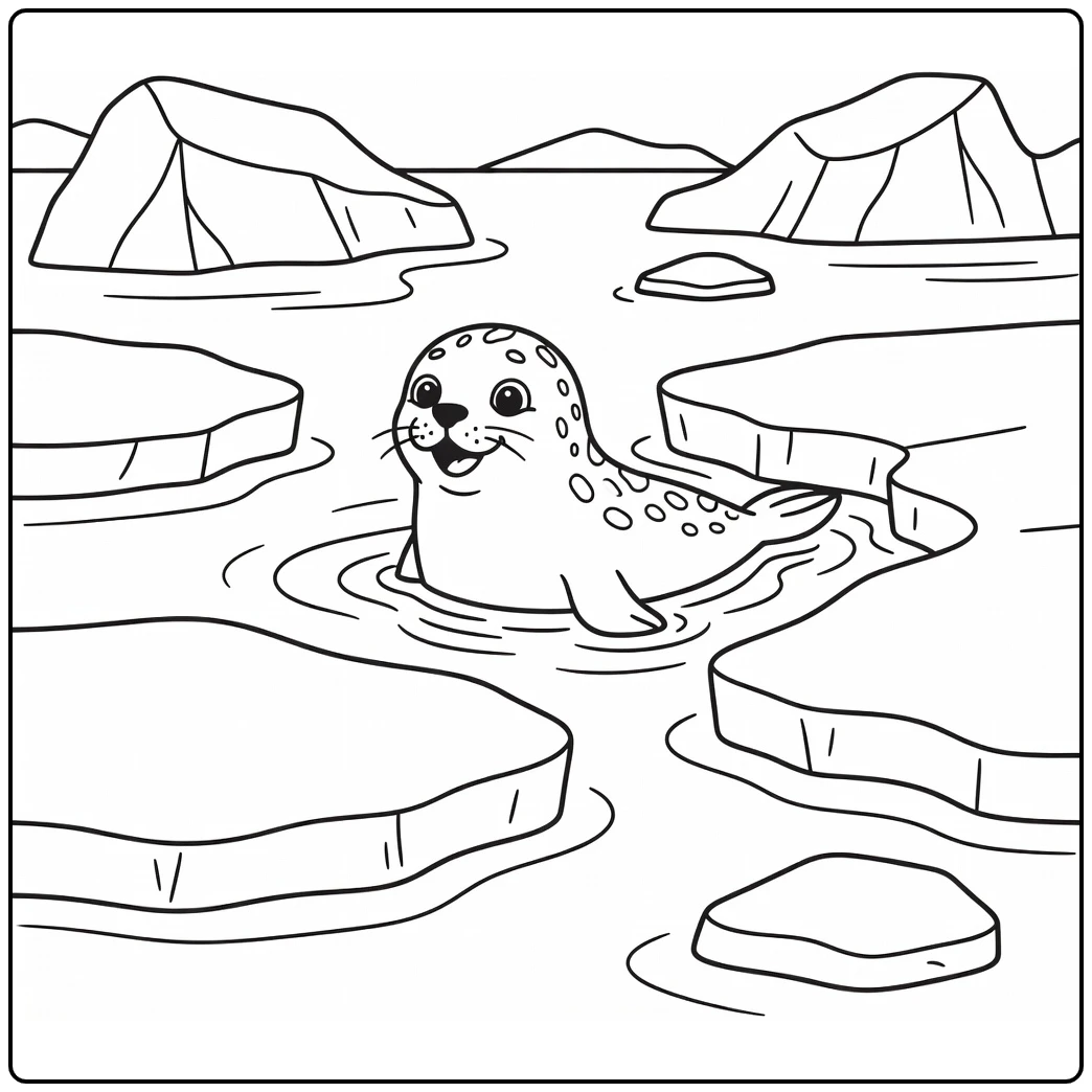 Leopard seal surfacing by ice: antarctic animals coloring page