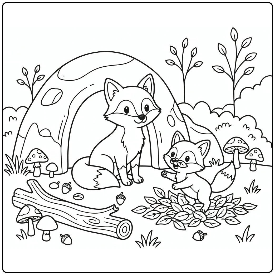 Cute mom and baby animal coloring pages: fox pup leaf nose