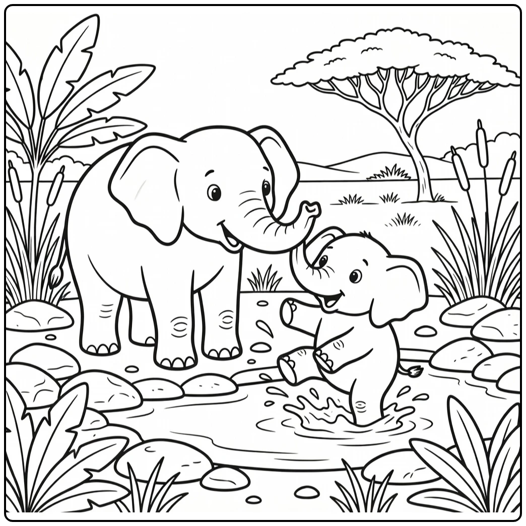 Cute mom and baby animal coloring pages: funny elephant splash
