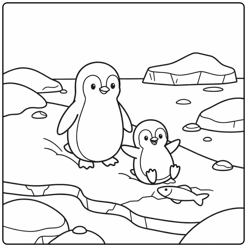 Cute mom and baby animal coloring pages: playful penguin slide