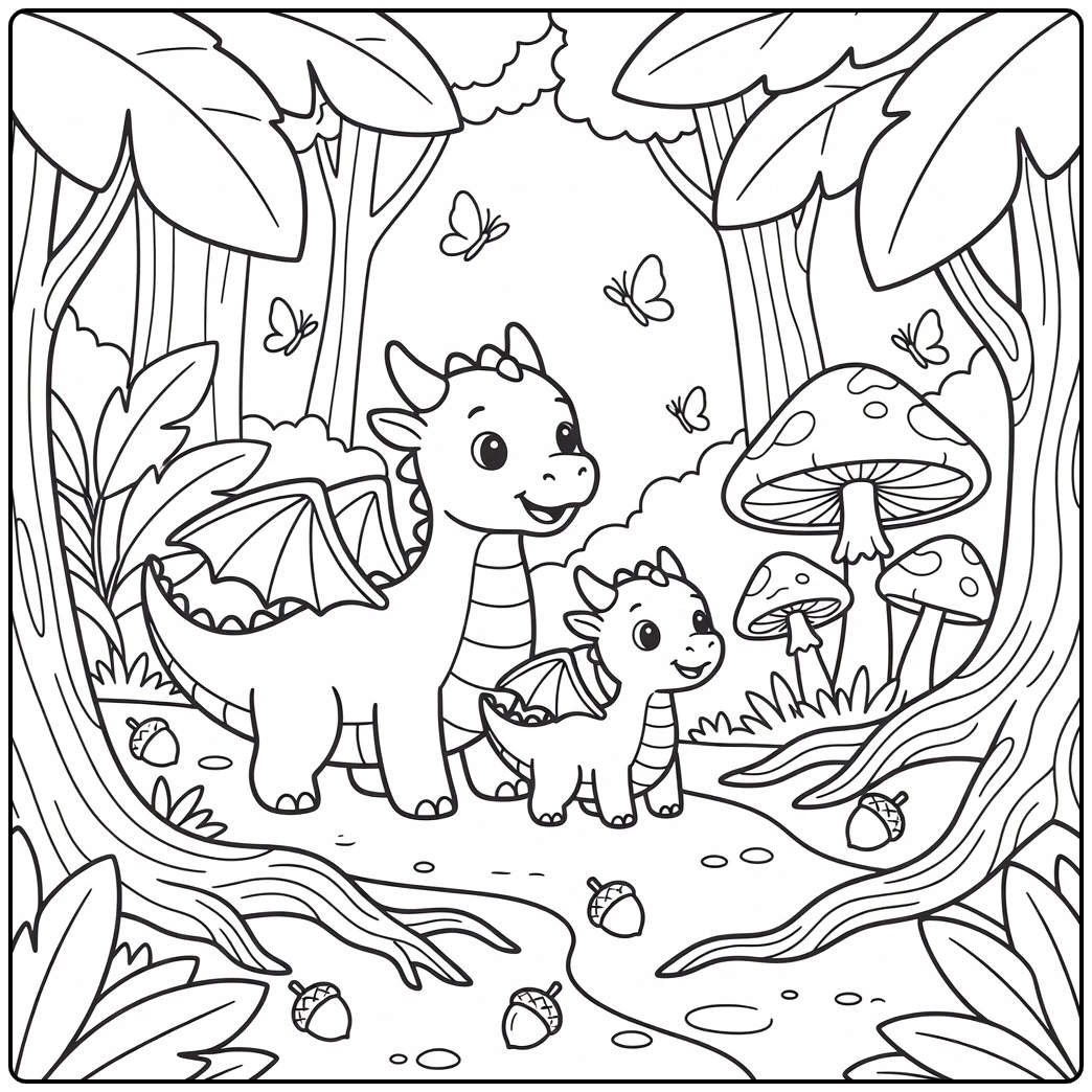 Mom and baby dragon coloring page on forest path with mushrooms