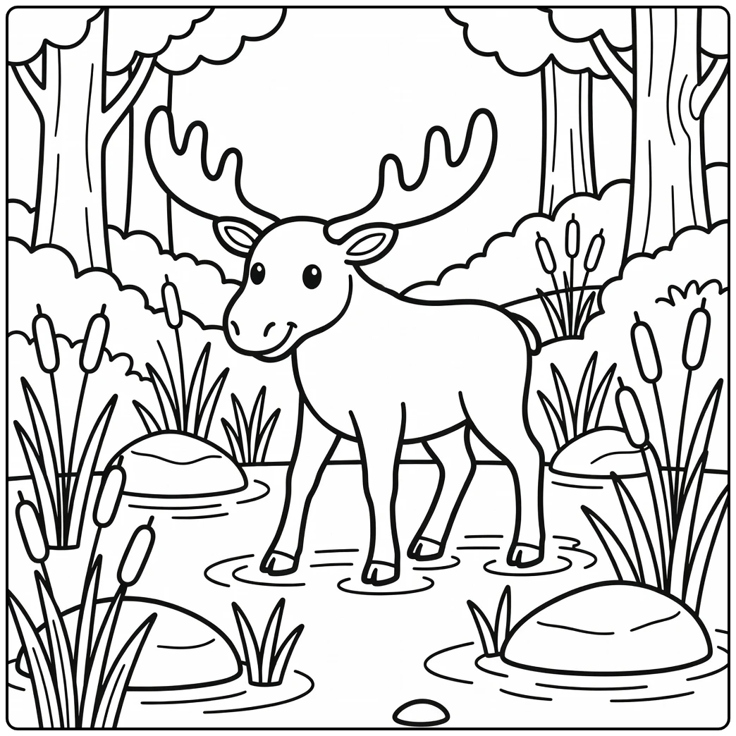 Moose walking through marsh reeds wild animals coloring page