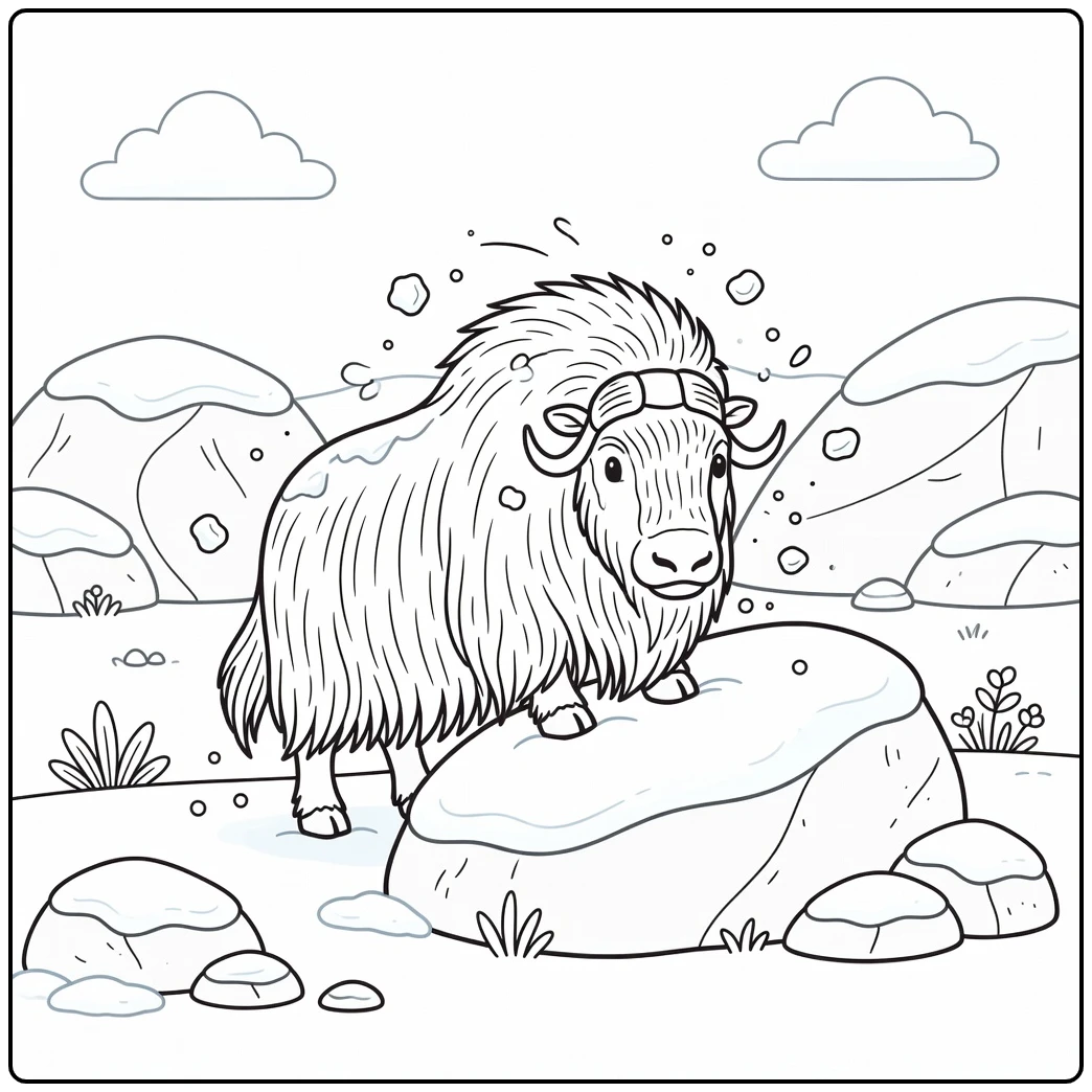 Musk ox shaking snow from boulder, musk ox coloring pages