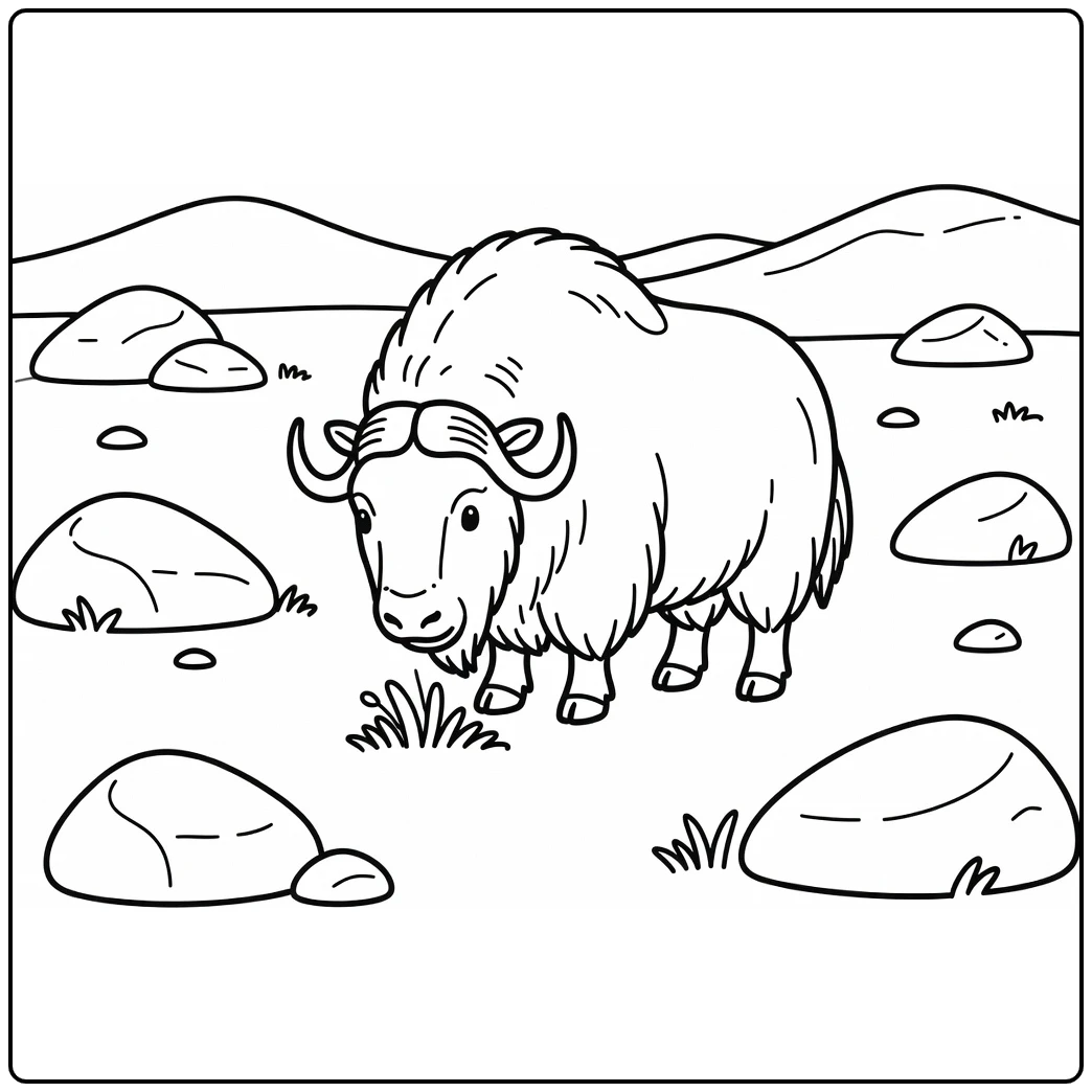 Musk ox grazing tundra plants arctic animal coloring page