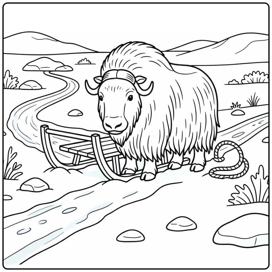 Musk ox nudging snowy sled on tundra trail, musk ox coloring pages