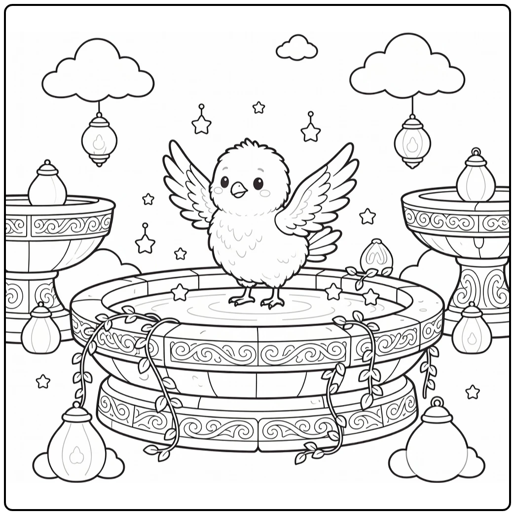 Cute mythical animal coloring page of caladrius at fountain