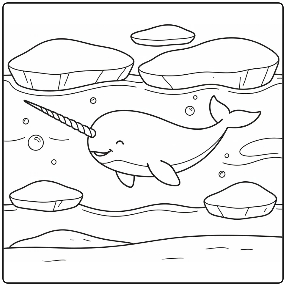 Narwhal sea animal coloring page under floating ice with tusk