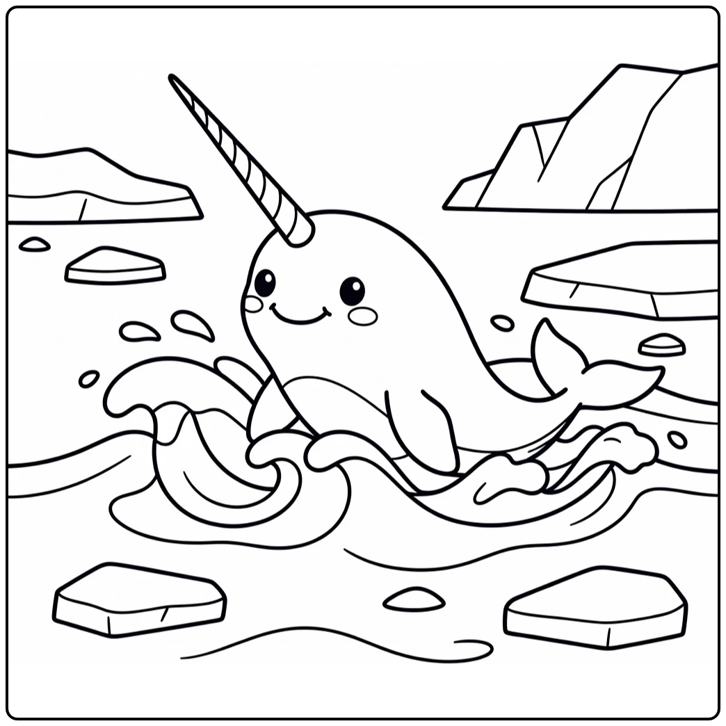 Narwhal rising through waves: arctic animal coloring page