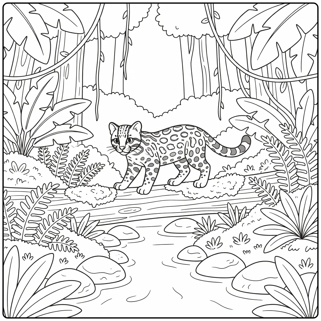 Ocelot crossing mossy log over stream rainforest animal coloring page