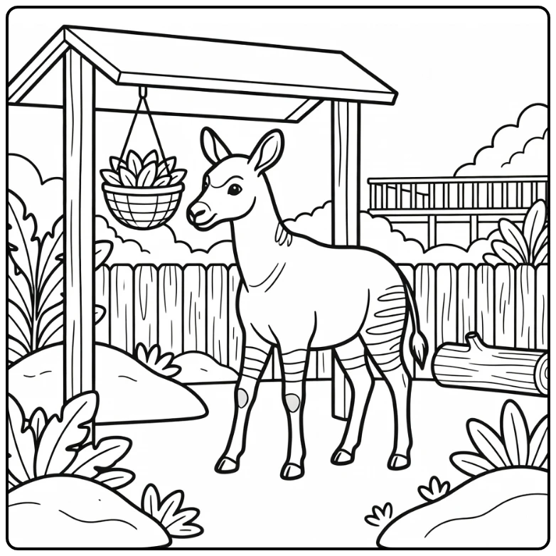 Okapi eyeing feeding basket in zoo animals coloring page