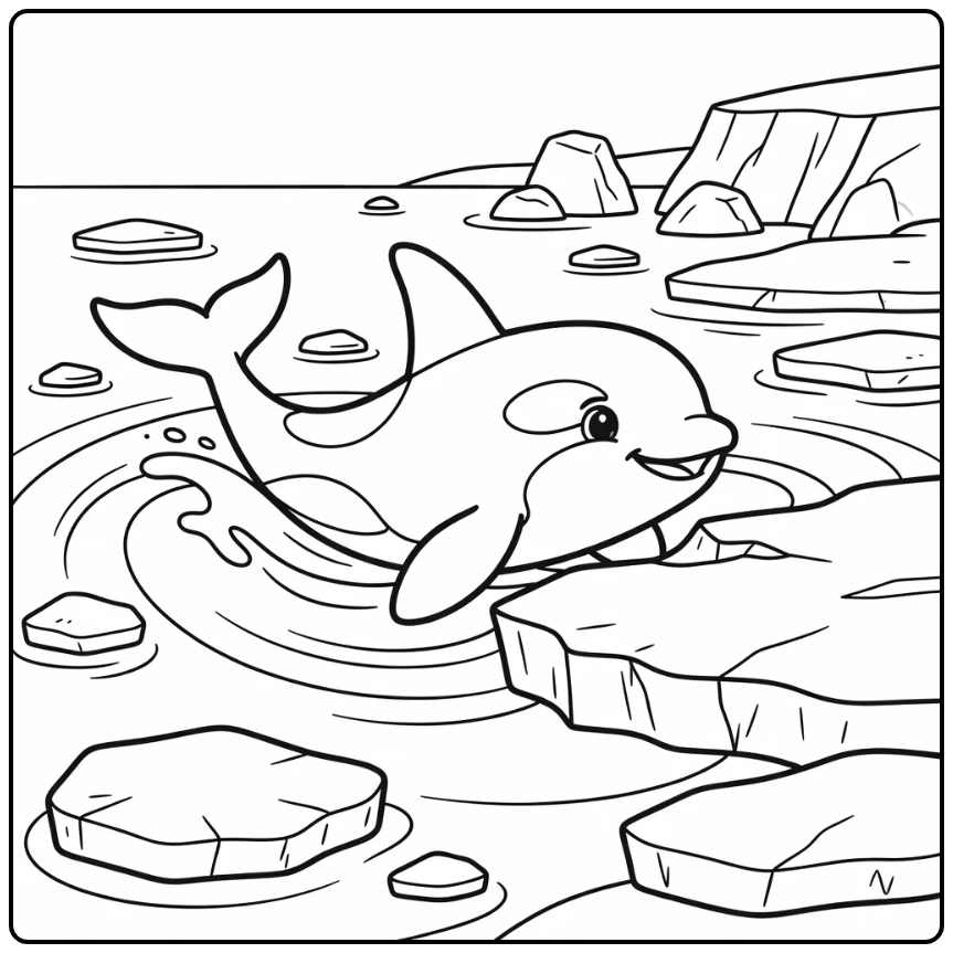 Orca surfacing by ice: arctic animal coloring page