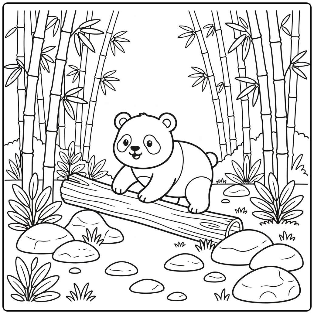 Panda climbing log in bamboo grove wild animals coloring page