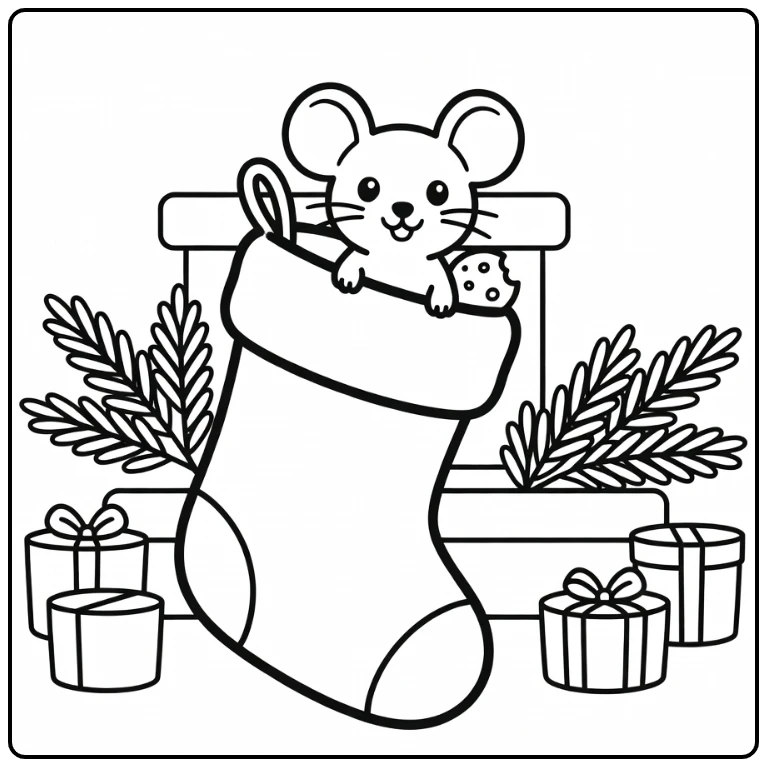 Mouse peeking from Christmas stocking christmas animal coloring page