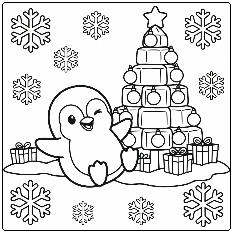 Penguin sliding to ice Christmas tree christmas animal coloring page