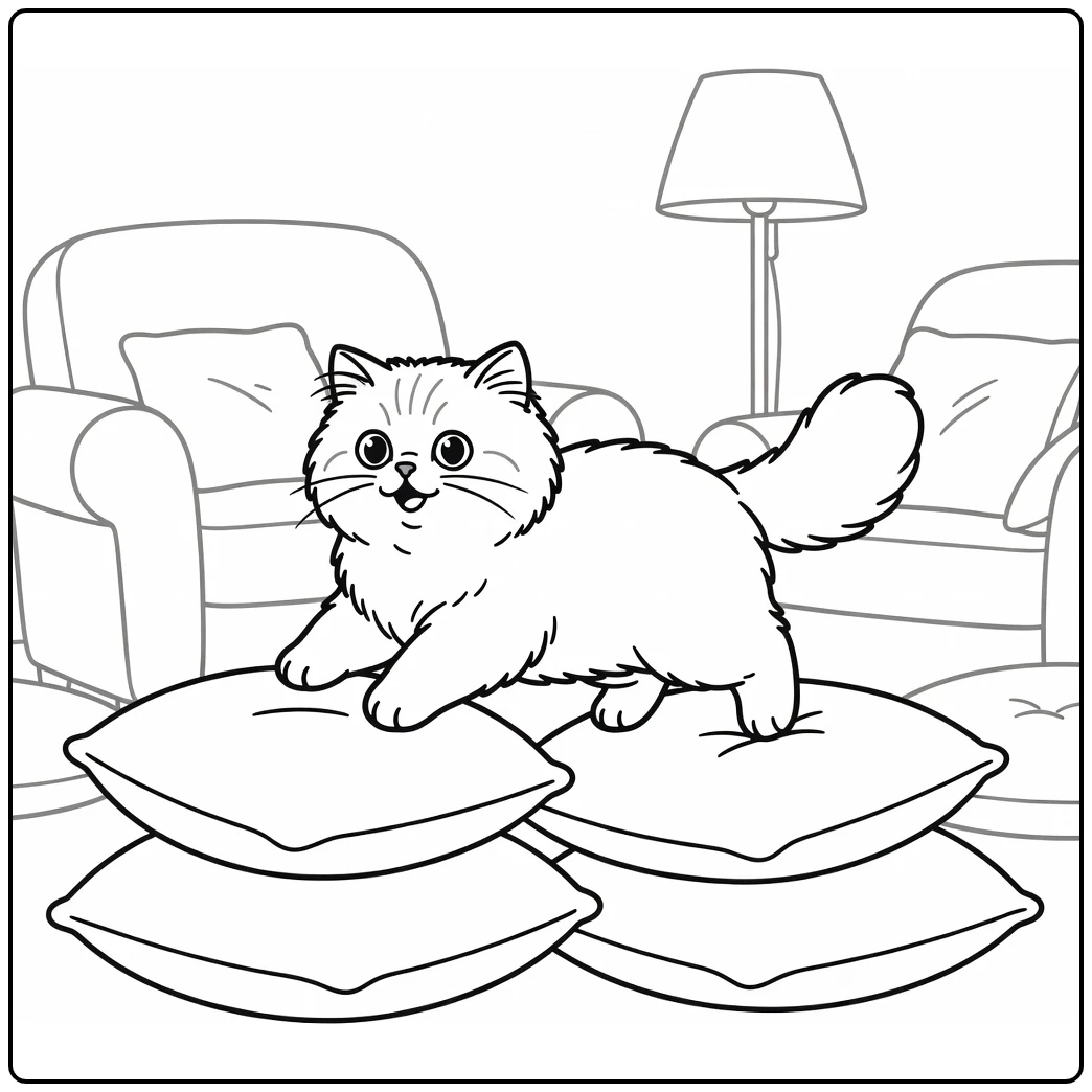 Persian cat hopping on stacked pillows, persian cat coloring pages