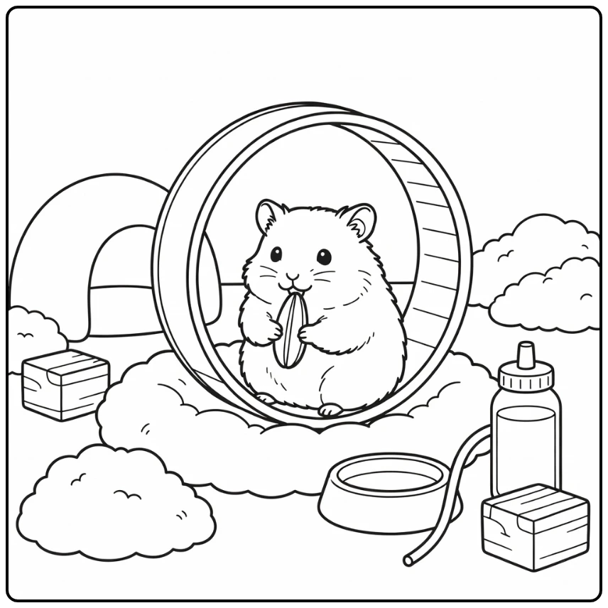 Cute pet coloring page of fluffy hamster in wheel