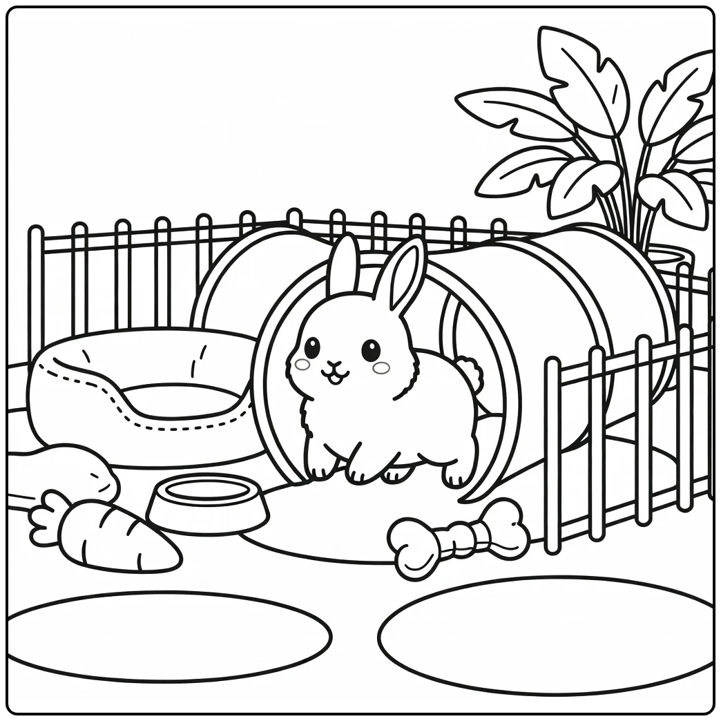 Cute dwarf rabbit in play tunnel cute pet coloring page