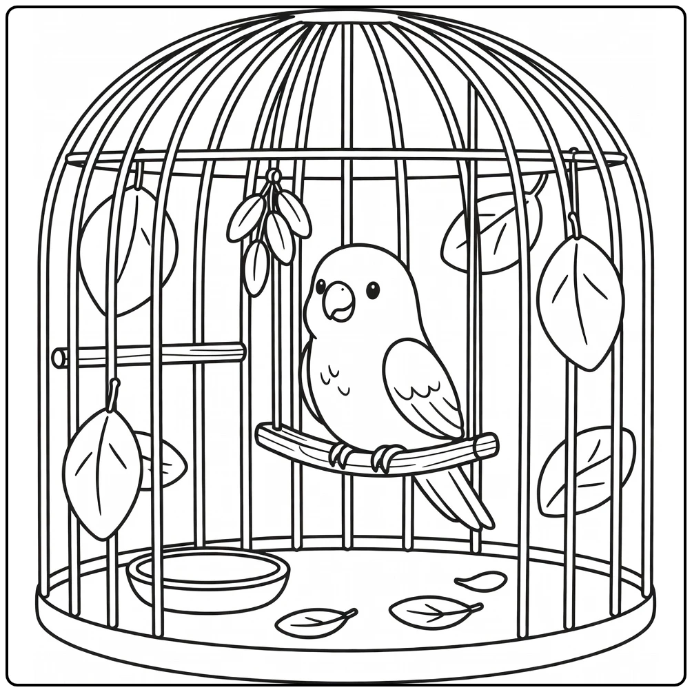 Cute pet coloring page of playful parakeet in bird cage