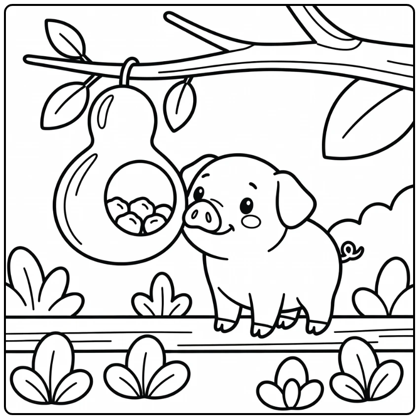 Cute pig coloring page with kunekune piglet nudging gourd