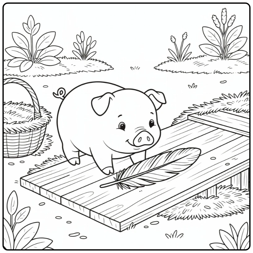 Cute pig coloring page with piglet and fallen feather scene