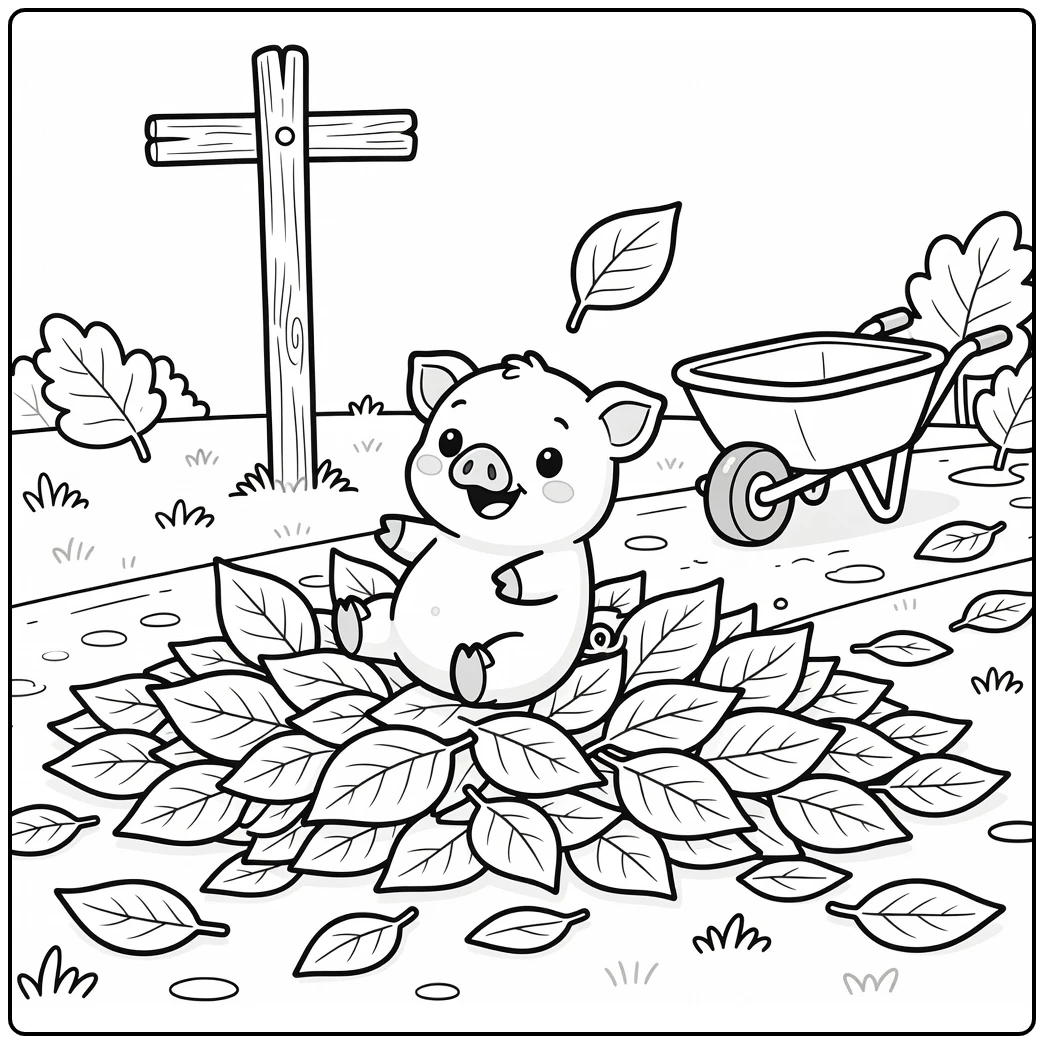 Cute pig coloring page of happy piglet rolling in leaves