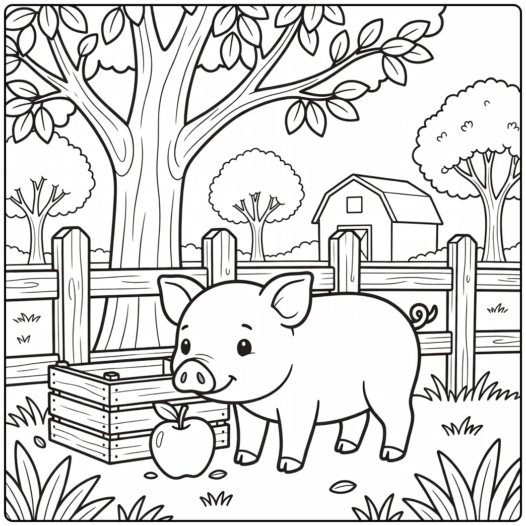 Piglet sniffing apple by fence farm animal coloring page