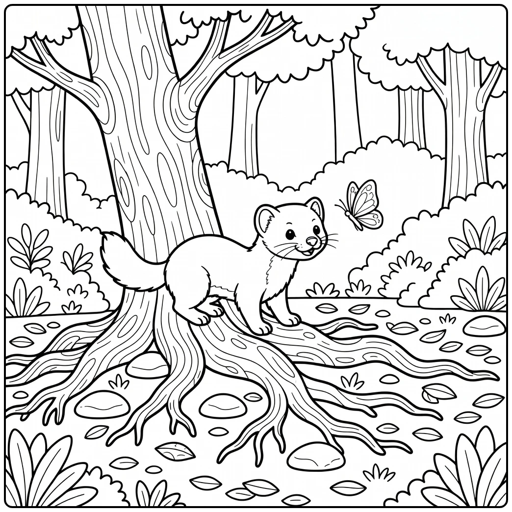 Pine marten chases butterfly forest animals coloring page
