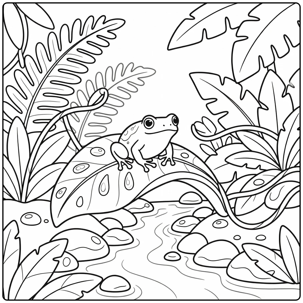 Jungle animals coloring page: poison dart frog on curled leaf by stream