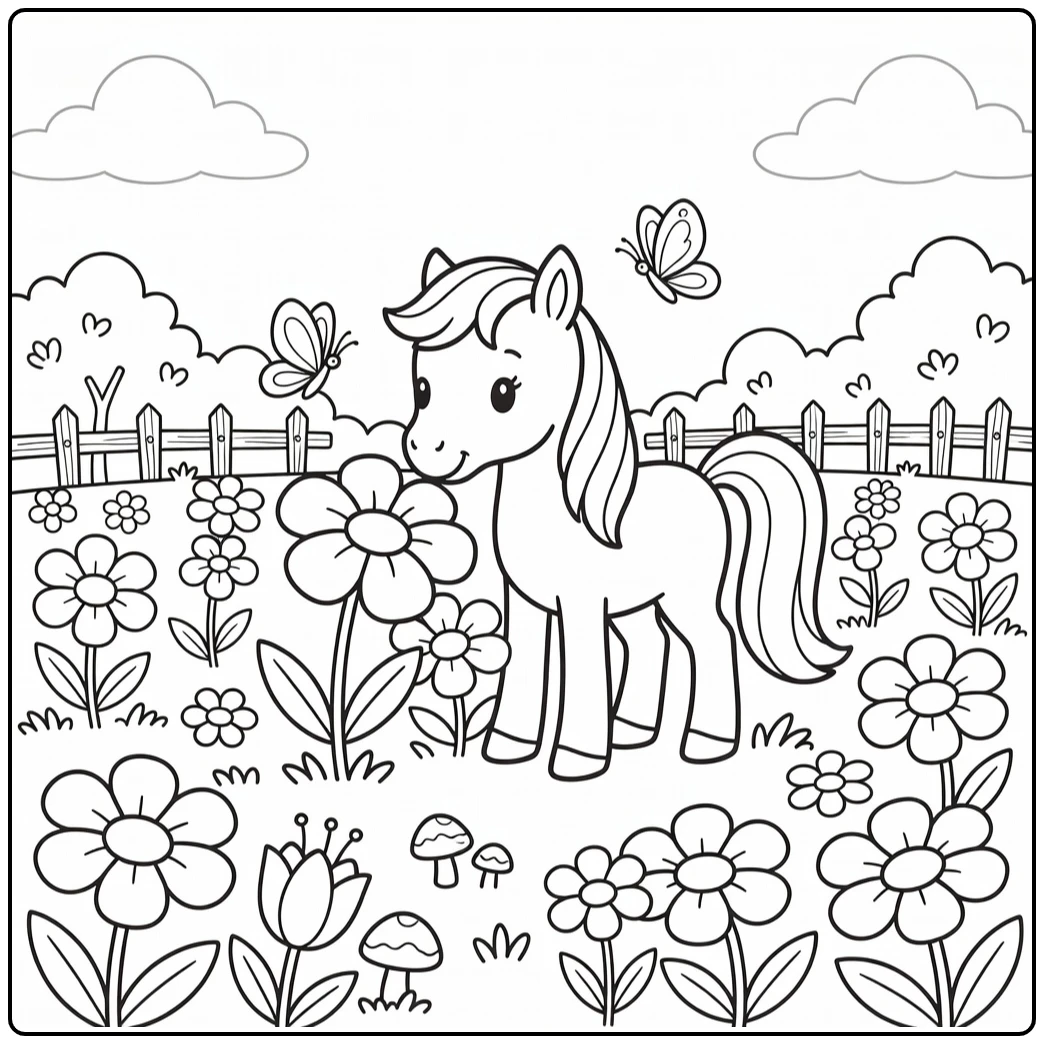 Cute pony coloring page in flower meadow with butterfly