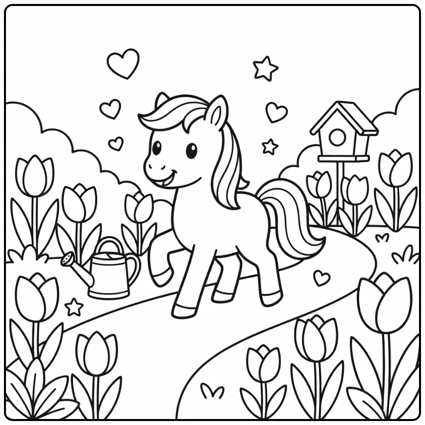 Cute pony coloring page with tulips and garden path