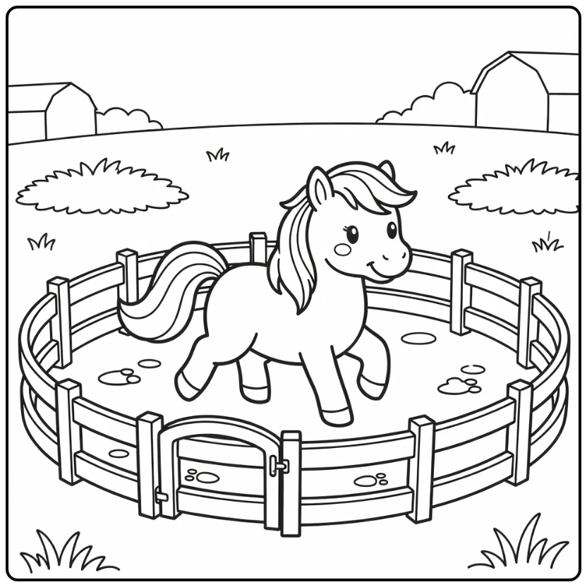 Pony coloring page of stocky pony in round pen