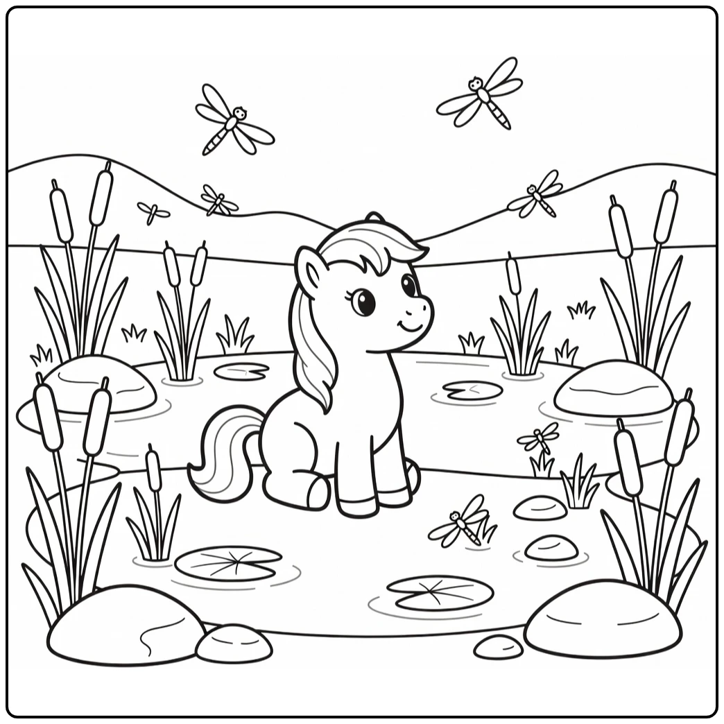 Cute pony coloring page by a peaceful pond with dragonflies