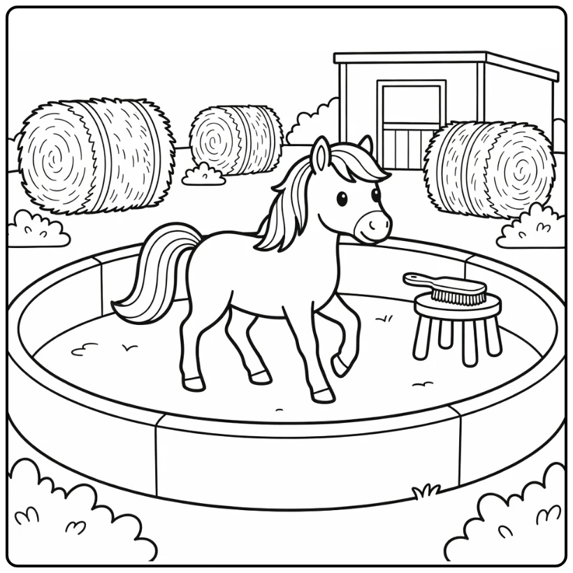 Farm animal coloring page: pony trotting in round pen