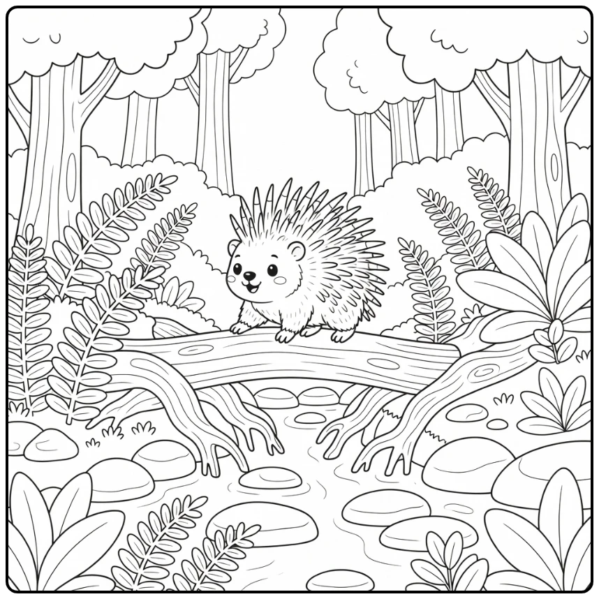 Porcupine on log bridge forest animals coloring page