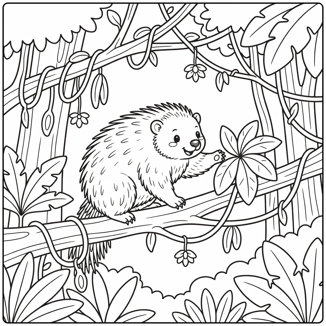 Tree porcupine climbing branch in rainforest animal coloring page