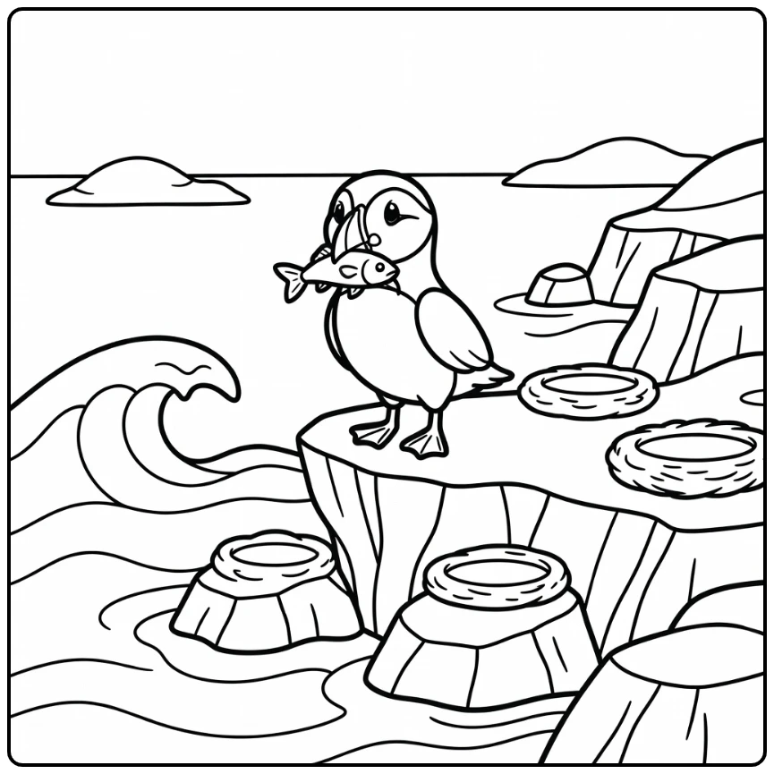 Puffin with fish on cliff: arctic animal coloring page