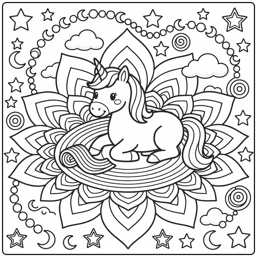 Rainbow unicorn coloring page: unicorn on mandala rug