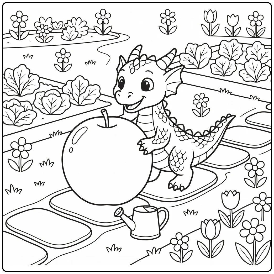 Cute realistic dragon coloring page: rolling fruit on garden path