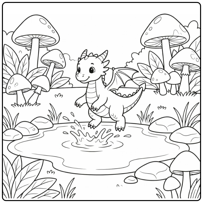 Cute realistic dragon coloring page splashing puddle