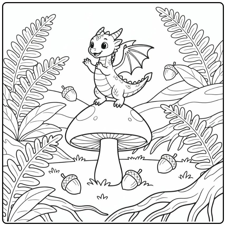 Cute realistic dragon coloring page on giant mushroom in woods