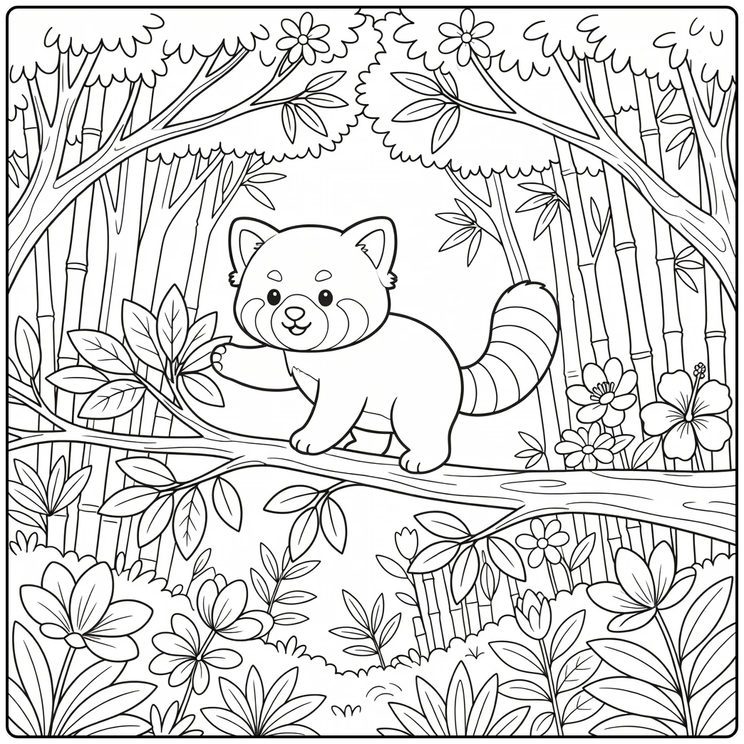 Red panda balancing on branch for leaves, cute wild animal coloring page