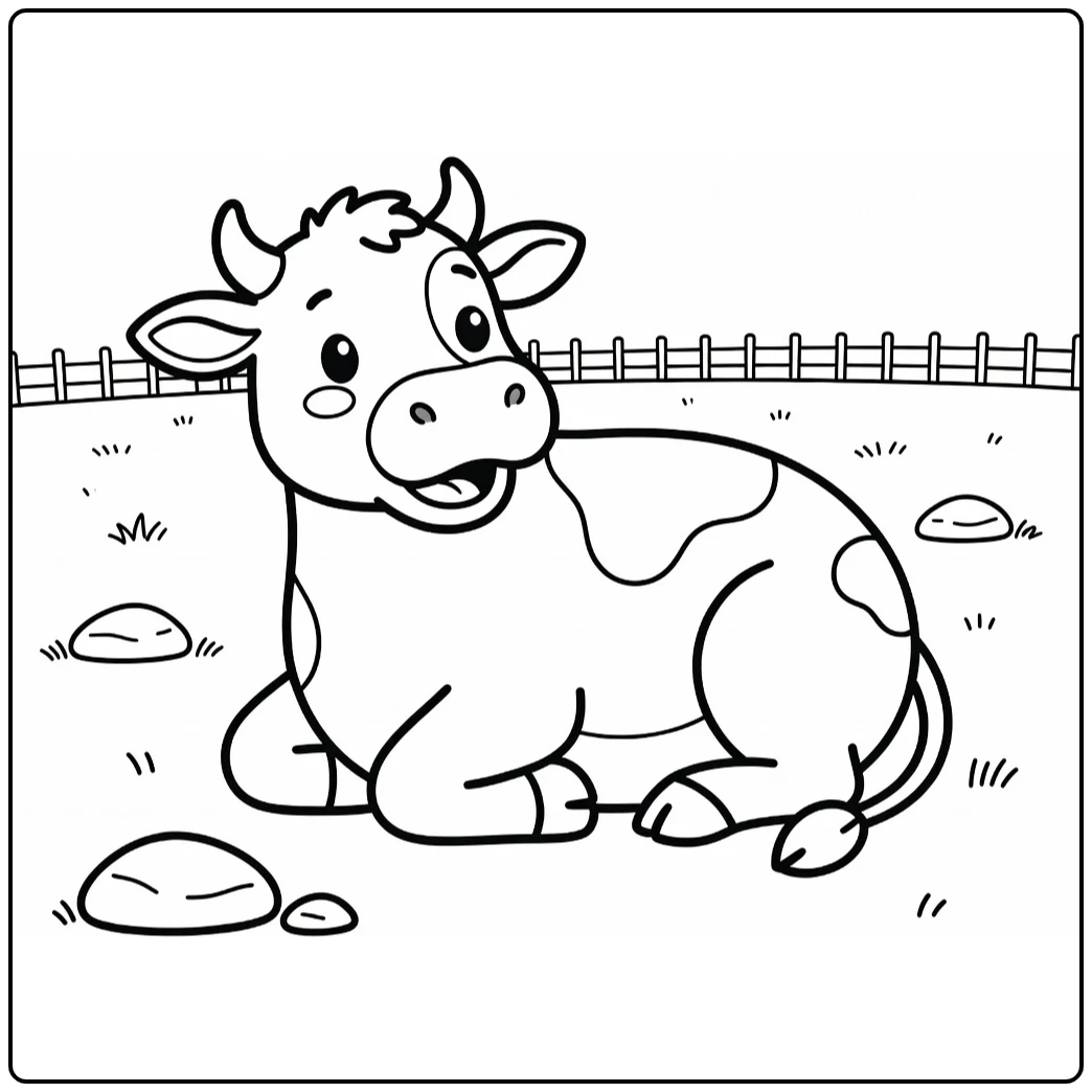 Relaxed cow chewing with tilted head, cow coloring pages
