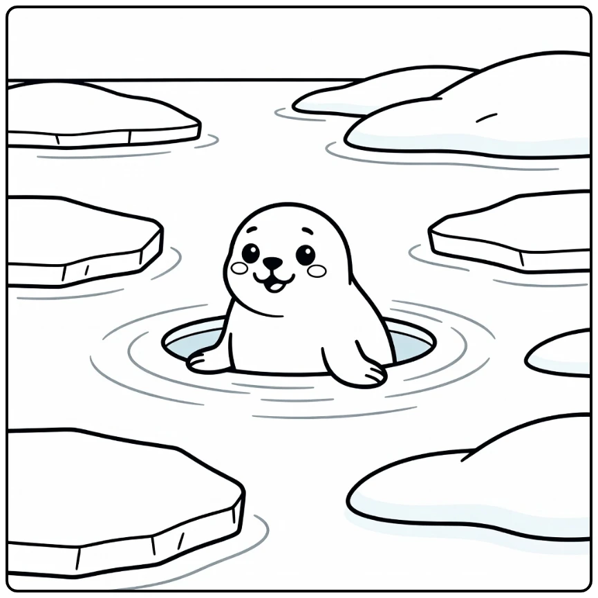 Ringed Seal Peeking from Ice Hole Arctic Animal Coloring Page